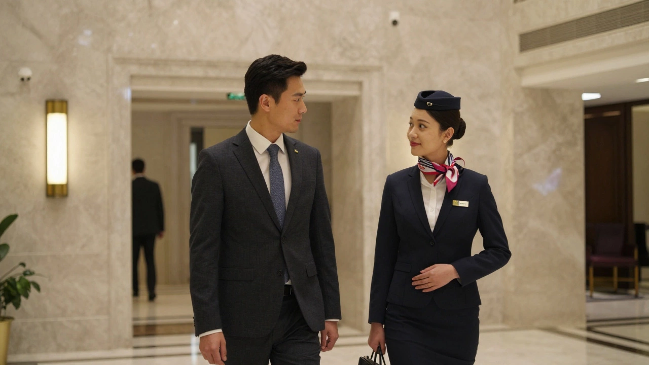 A client and escort meeting discreetly in a luxury hotel lobby, conveying professionalism and anonymity.