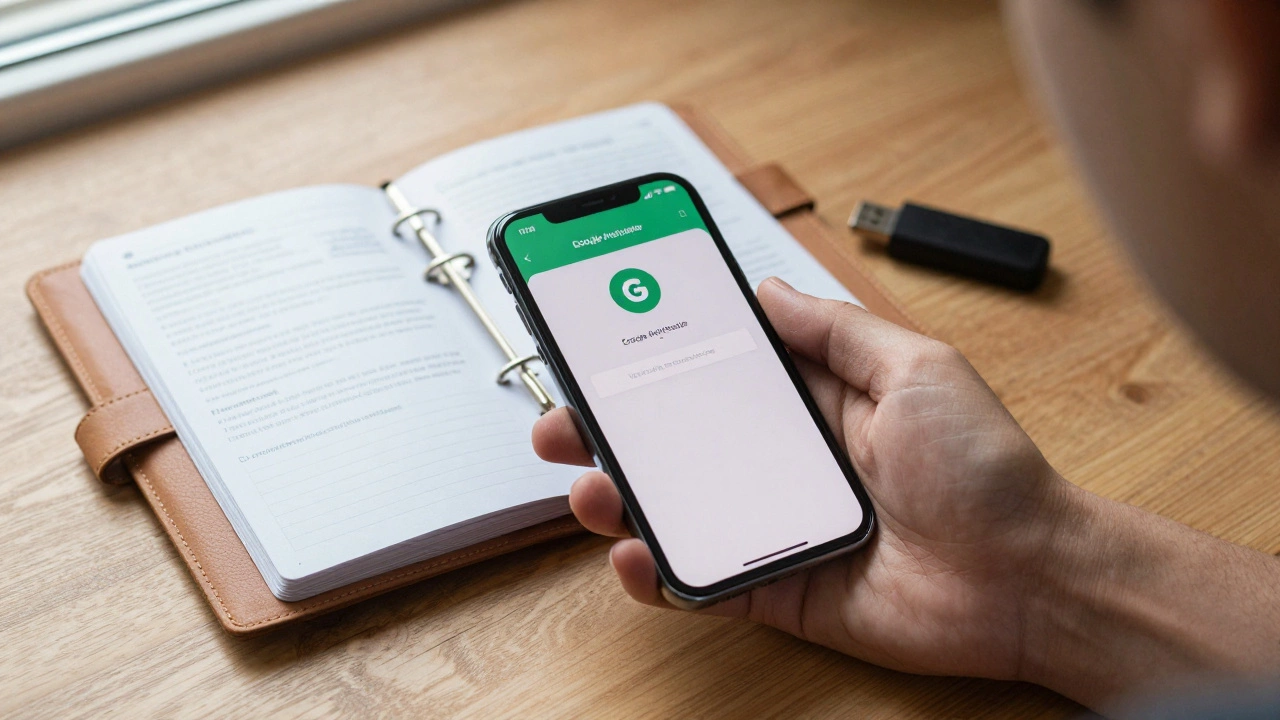 Hand holding phone with 2FA app beside a printed recovery log and key on wooden table.