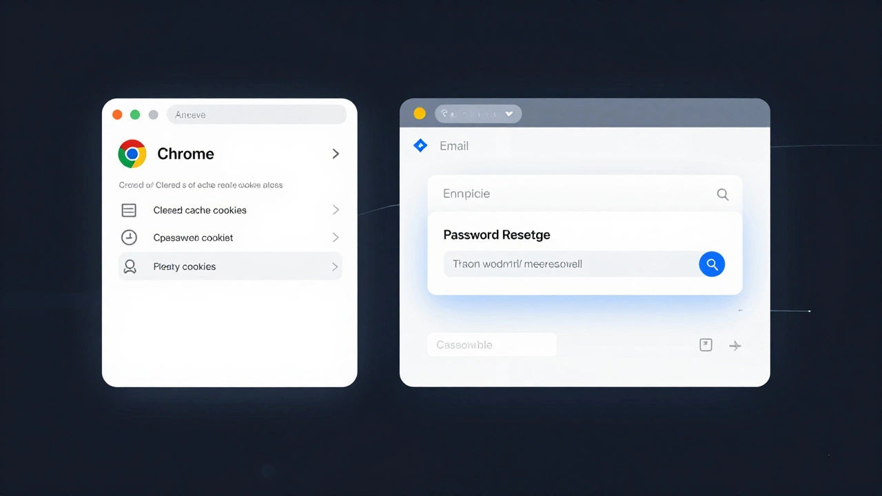 Split-screen of browser cache settings and password reset email on dark background.